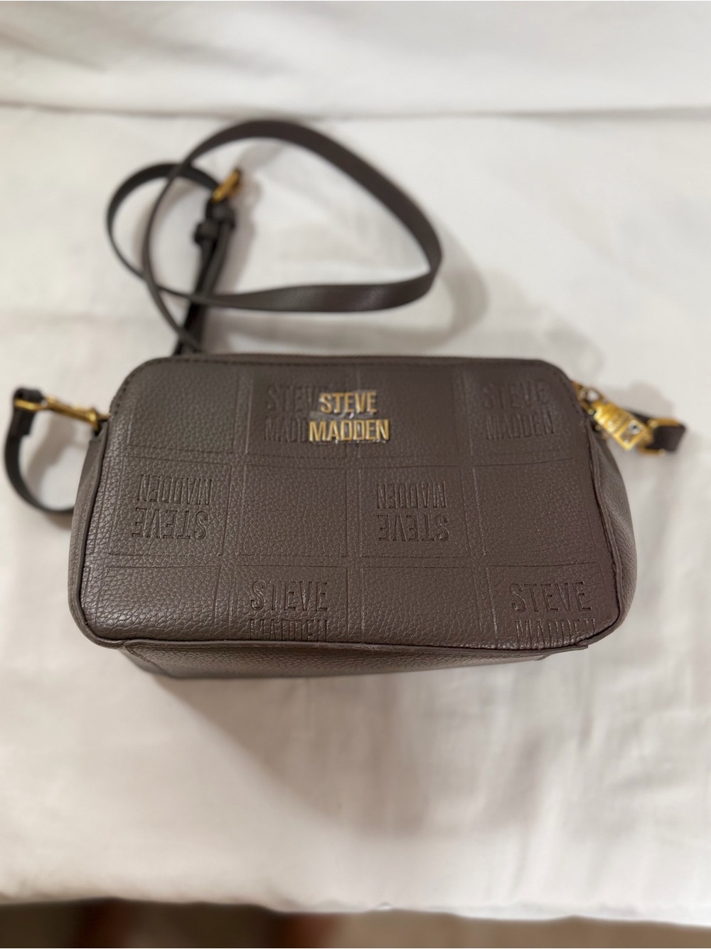 Steve Madden Chocolate Brown Embossed Leather Messenger Bag with Gold Hardware